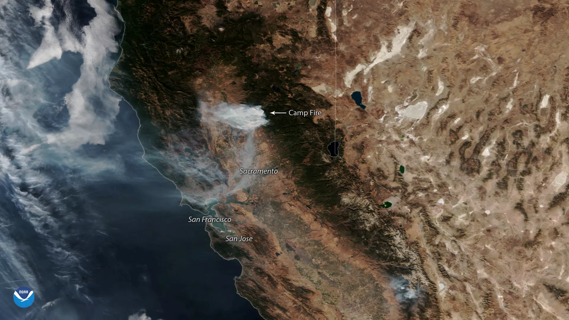 Satellite imagery of smoke from California's Camp Fire on Nov. 12, 2018.