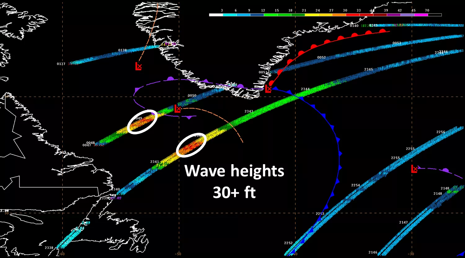 Visualization of wave height measurements, measured at 30+ feet high, from Jason satellites 