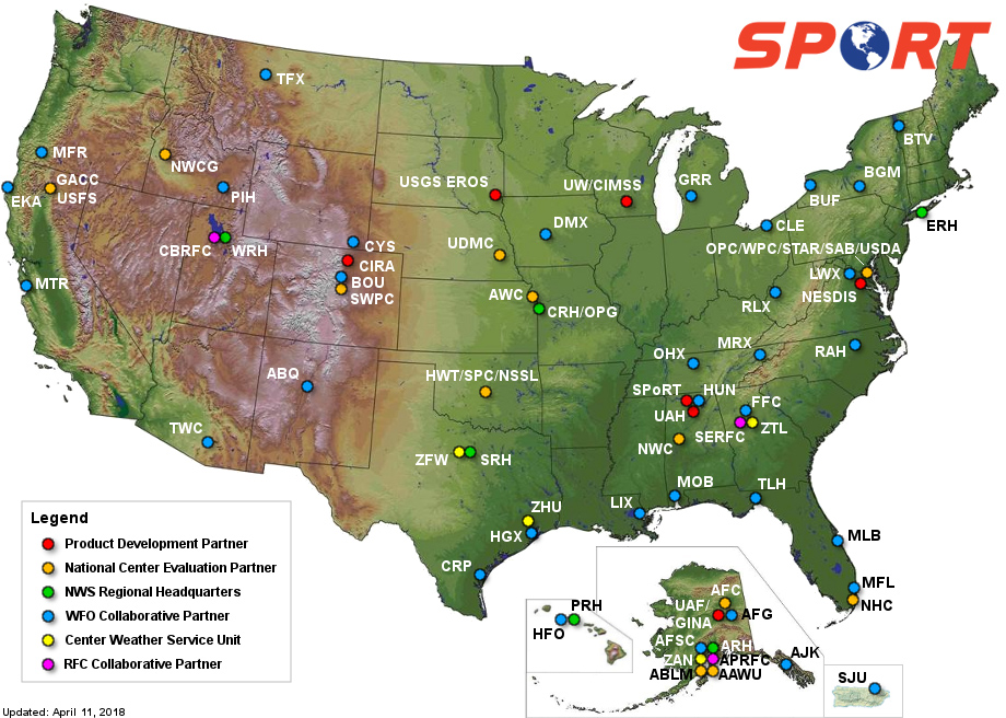 A U.S. map graphic shows where SPoRT's numerous collaborative partners are located around the country.