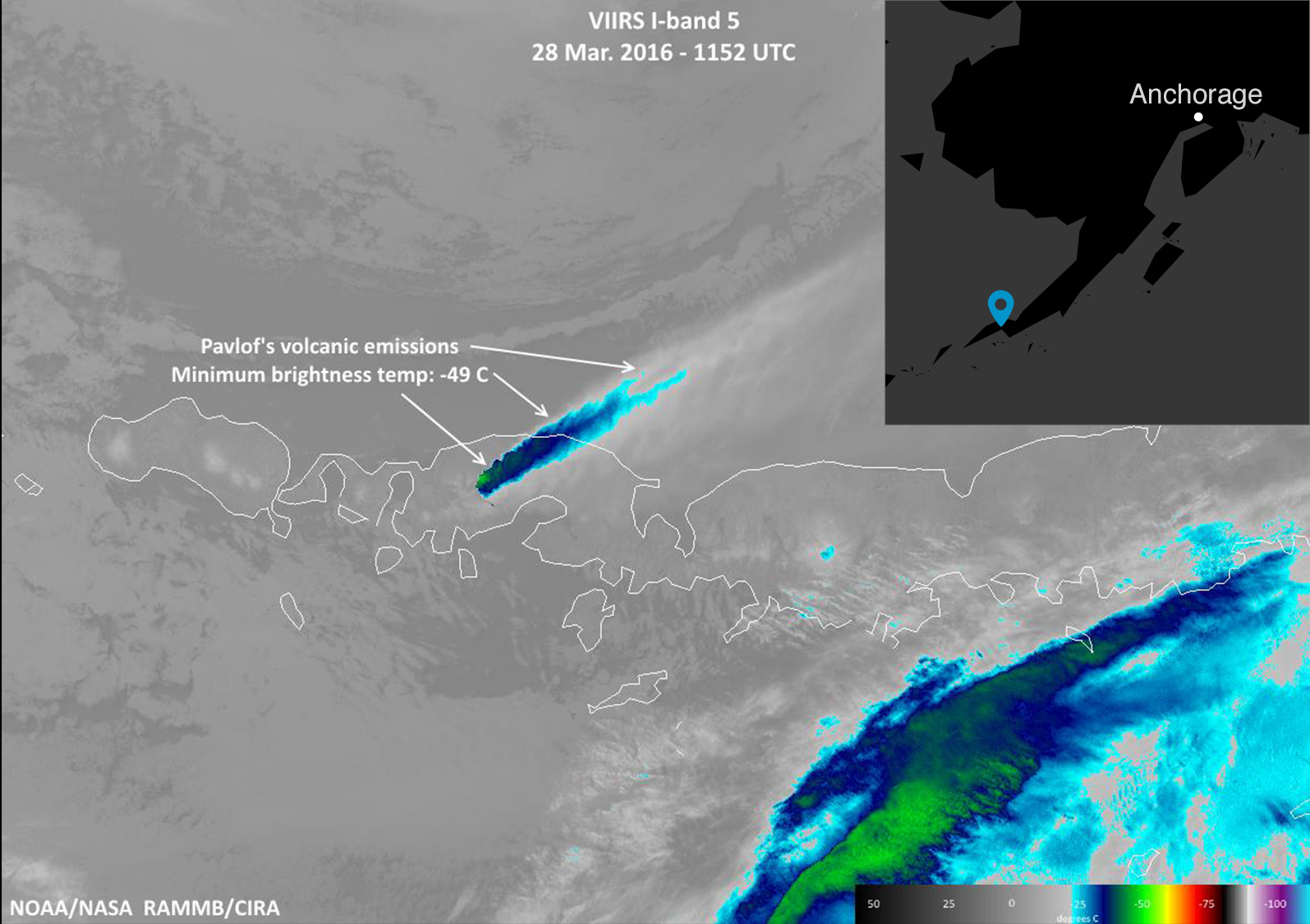 An infrared satellite image shows a series of islands in black and white. A blue plume rises from one of them, indicating the volcano emissions. In the upper right corner, a black and grey map shows the volcano's location in relation to Anchorage and the rest of Alaska.