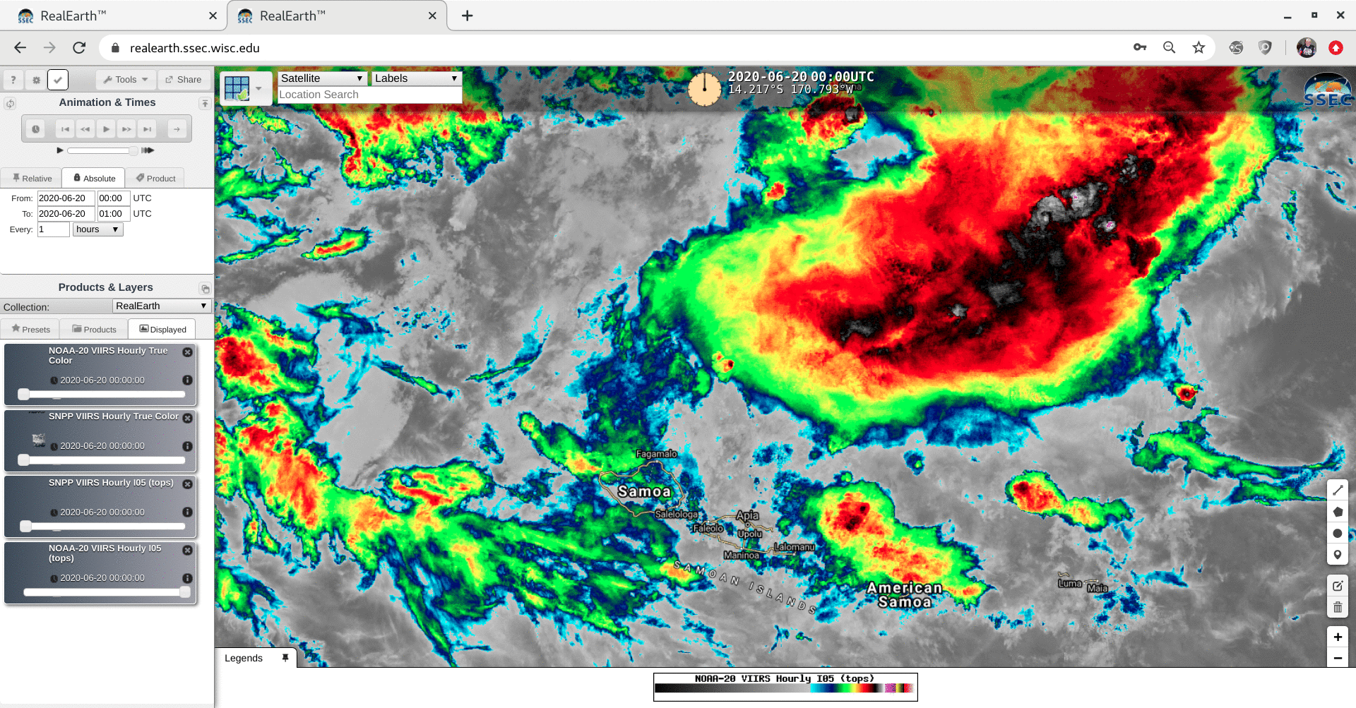A GIF shows infrared images of thunderstorms over American Samoa, as they developed over the course of an hour. Red portions of the image, indicating the colder and more intense areas of the storms, drift closer to American Samoa over the course of the hour.