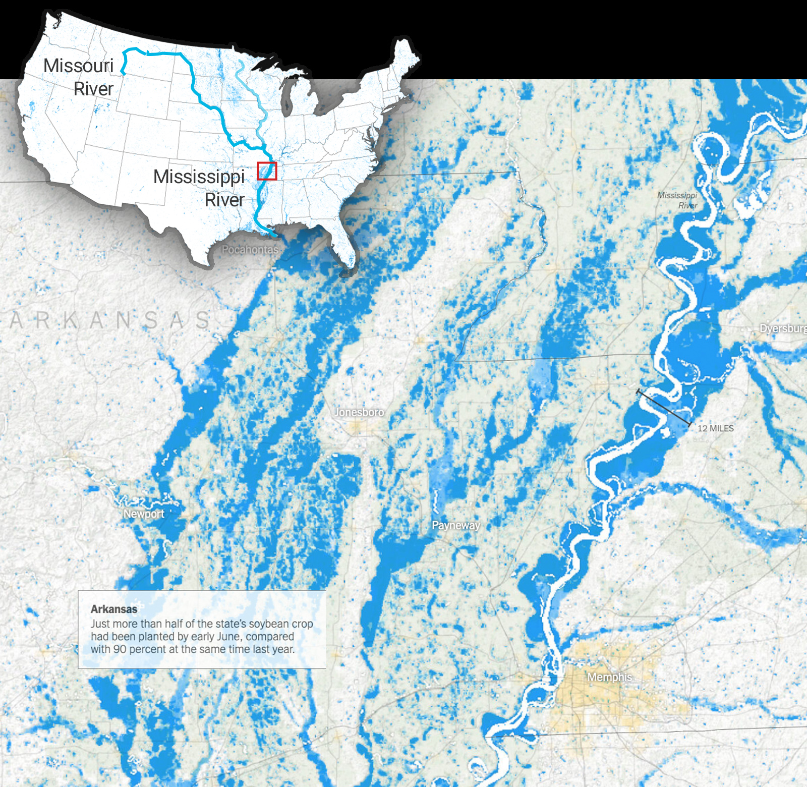 A satellite image of Missouri shows floodwaters in bright blue. In the upper left corner, a map of the U.S. shows the part of the flood area depicted in this image.