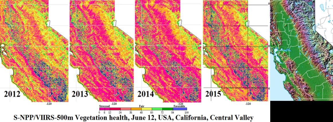 Lined up horizontally, four maps of Central Valley in California over the consecutive years from 2012 through 2015 are colored pink through blue to indicate vegetation health.