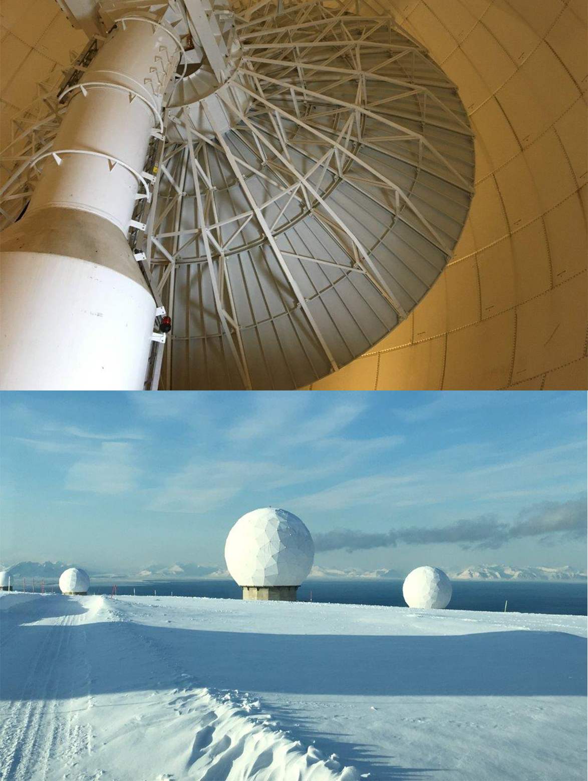 A composite image featuring several domes over antennas in Svalbard, Norway, against a snowy backdrop; and the inside of one of the domes showing the antenna dish.