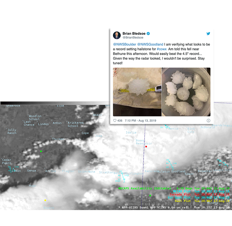 A composite image featuring a satellite image of a storm over Kansas and Colorado, as well as a screen shot of a Tweet from Brian Bledsoe stating that he is verifying a record-setting hailstone for Colorado with images of a large 4.5 inch hail stone.