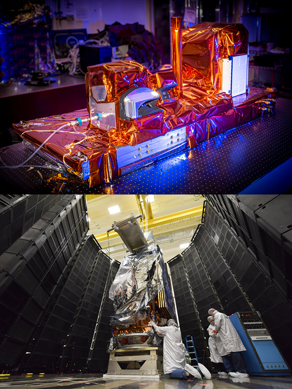 Top: The OMPS instrument is dramatically lit as it sits in a lab at Ball Aerospace in Colorado. The instrument is covered in copper foil. In the background are various other pieces of hardware in shadow. Bottom: The NOAA-20 satellite being prepared for acoustic testing by engineers at Ball Aerospace’s Fisher Integration Center