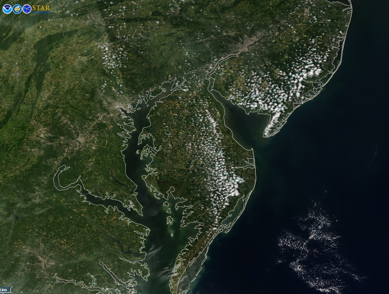 A true-color satellite image of Maryland and Delaware shows discolored water near Delaware, indicating high levels of chlorophyll.