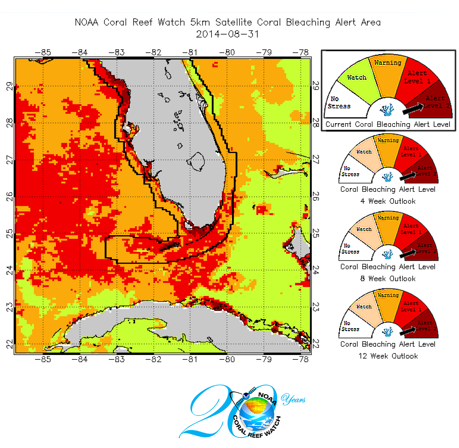 A data visualization depicts in shades of orange and red the ocean areas around Florida at highest risk of coral bleaching. The areas at highest risk are near and west of the tip of Florida.