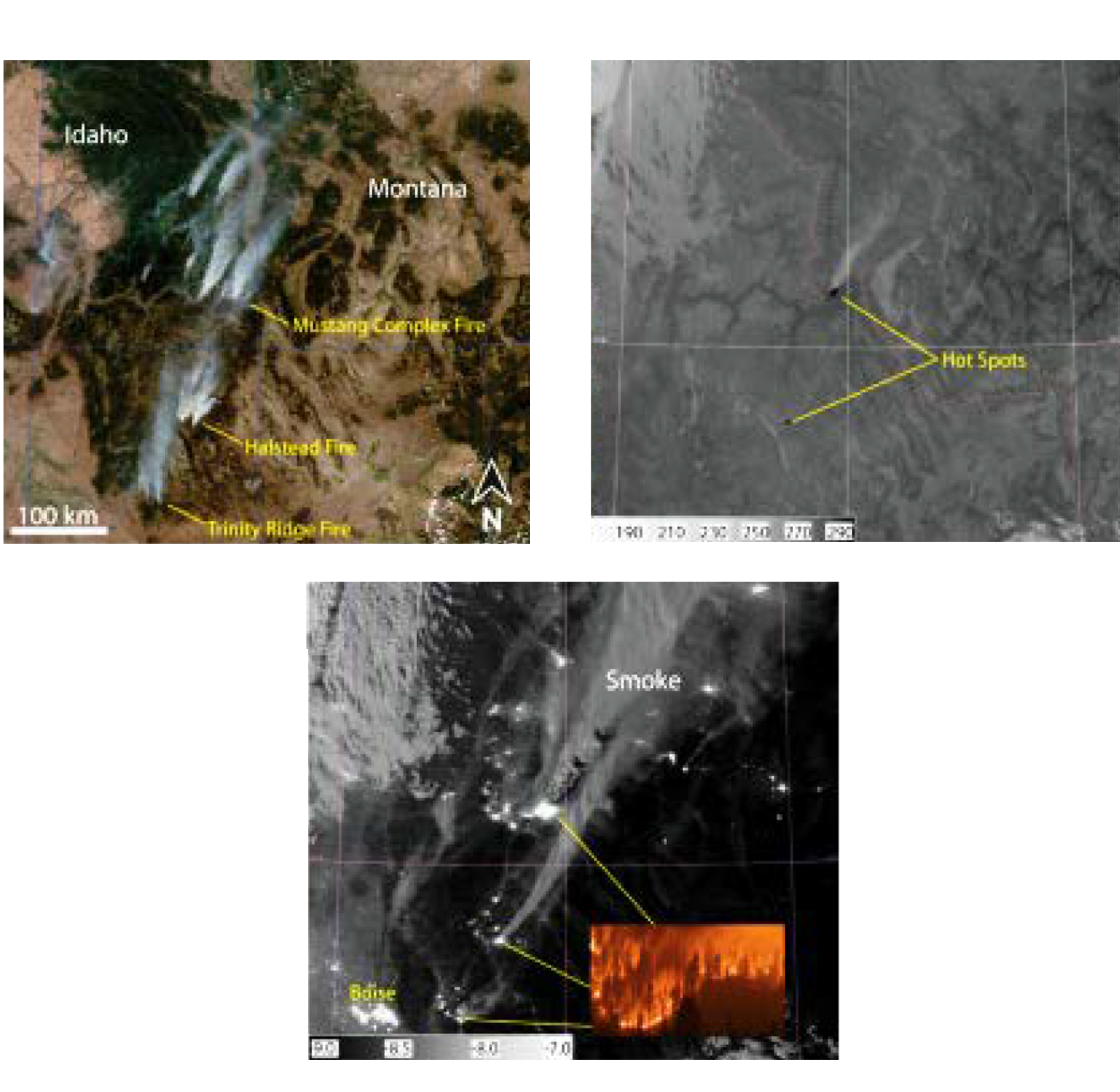 A composite of three images of fires in Idaho in 2012. The top left is a true color image showing smoke drifting over the state. At the right, an infrared image shows hot spots in black and white. The bottom image shows the light of the fires at night.