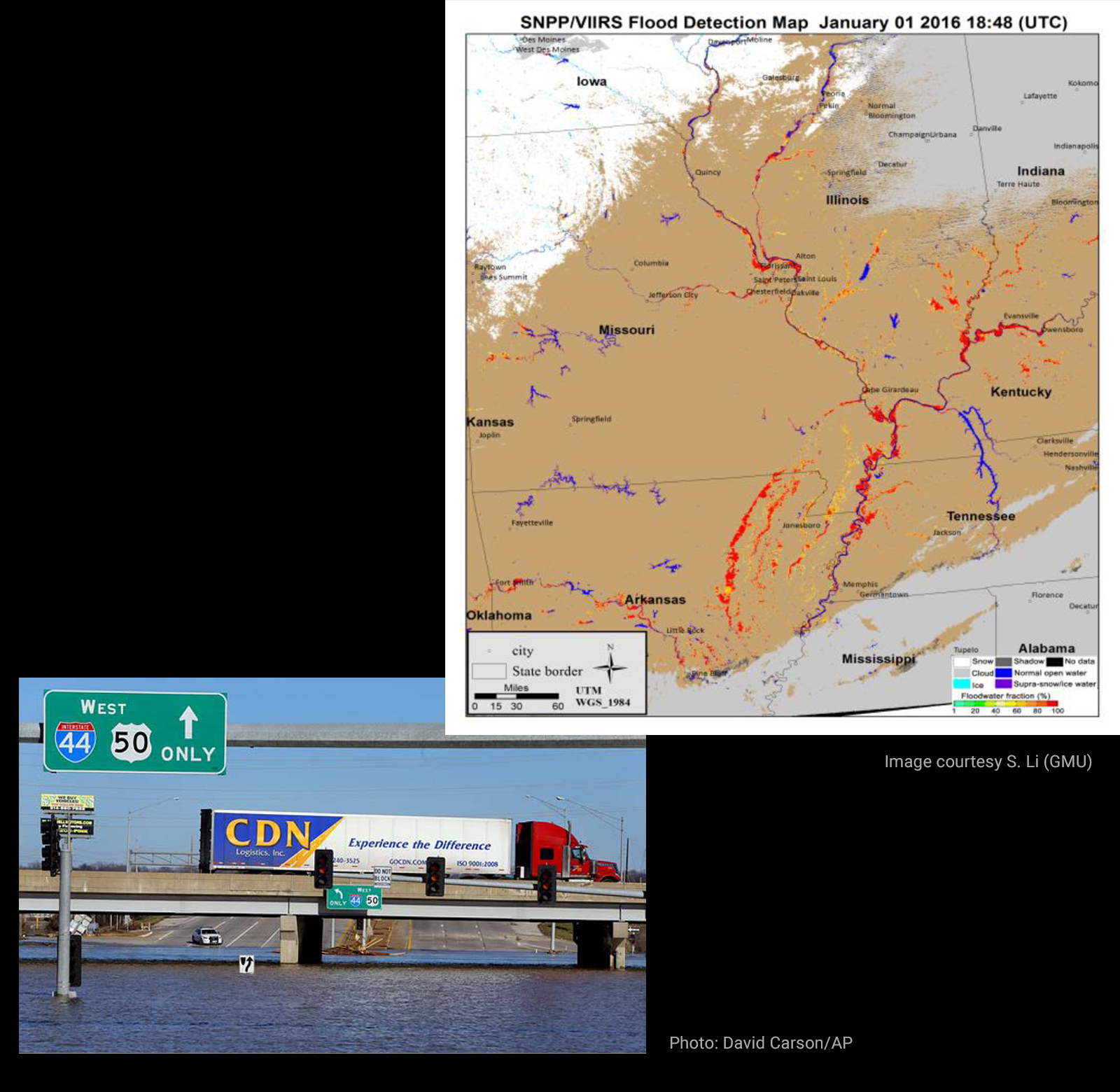 A composite image; at top, a flood detection map of the Mississippi River Valley, with floodwaters indicated in red and yellow. At bottom, a photo showing flood waters rising high on an overpass.