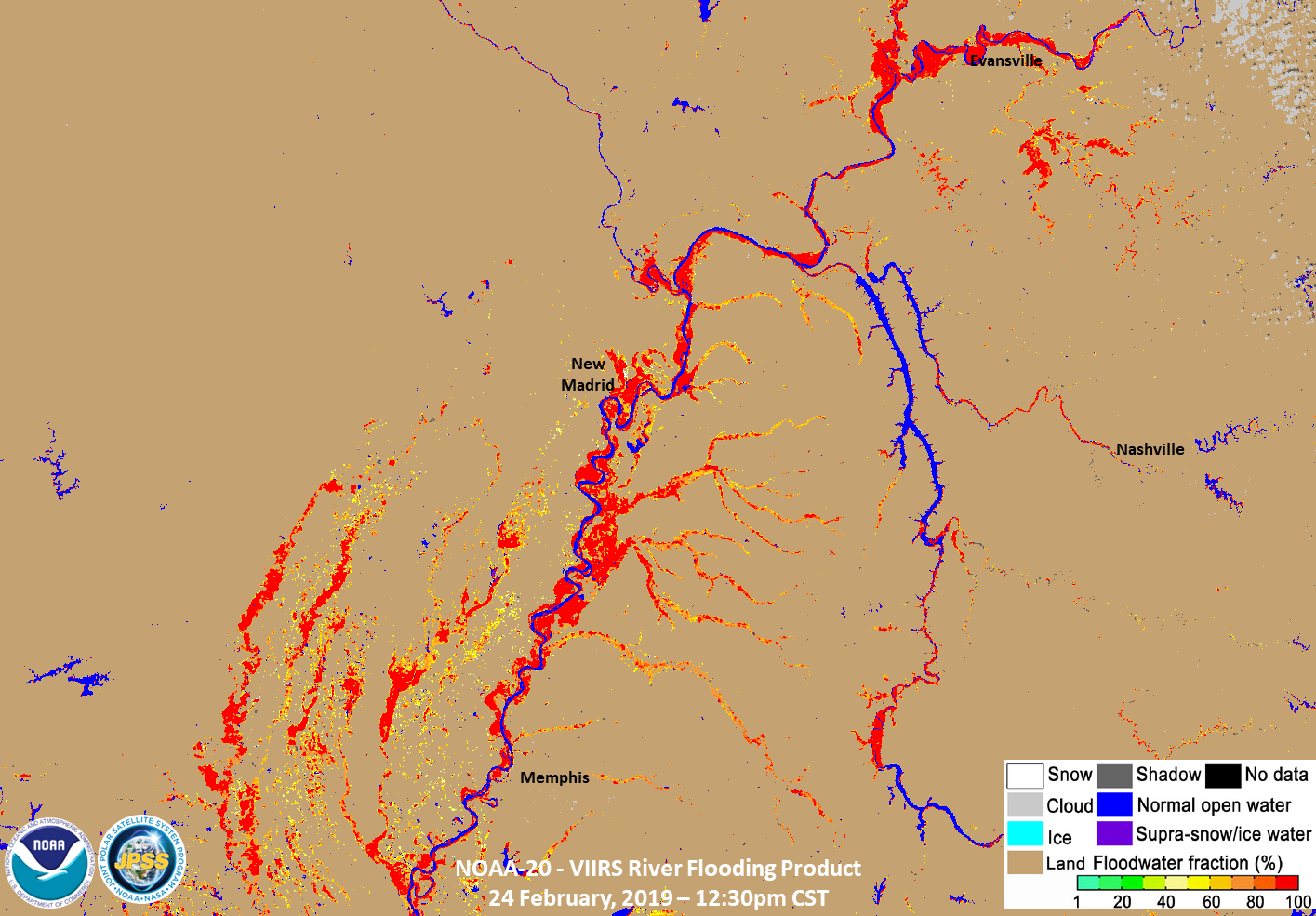 A flood map graphic of Indiana with the land rendered in tan and normal water from the Ohio River rendered in royal blue. Along the river and stretching across the southwestern portion of the map, extensive flood waters are rendered in red and yellow.