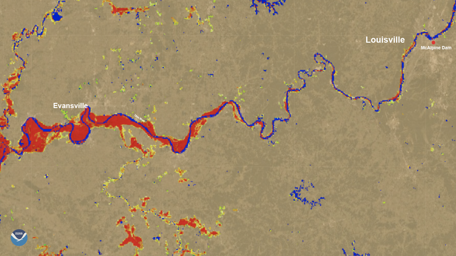 A map of Kentucky, Illinois and Indiana shows the Ohio River in royal blue. Where the river has flooded over its banks, the water is shown in yellow and red. There is quite a bit of flooding in the left-hand side of the image, near Evansville, Indiana.
