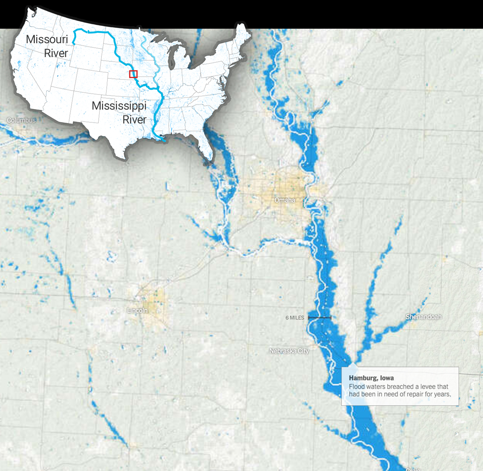 A satellite image of Iowa shows floodwaters in bright blue. A small box toward the middle of the map indicates the location of Hamburg, Iowa, which was particularly impacted by the flood. In the upper left corner, a map of the U.S. shows the part of the flood area depicted in this image.