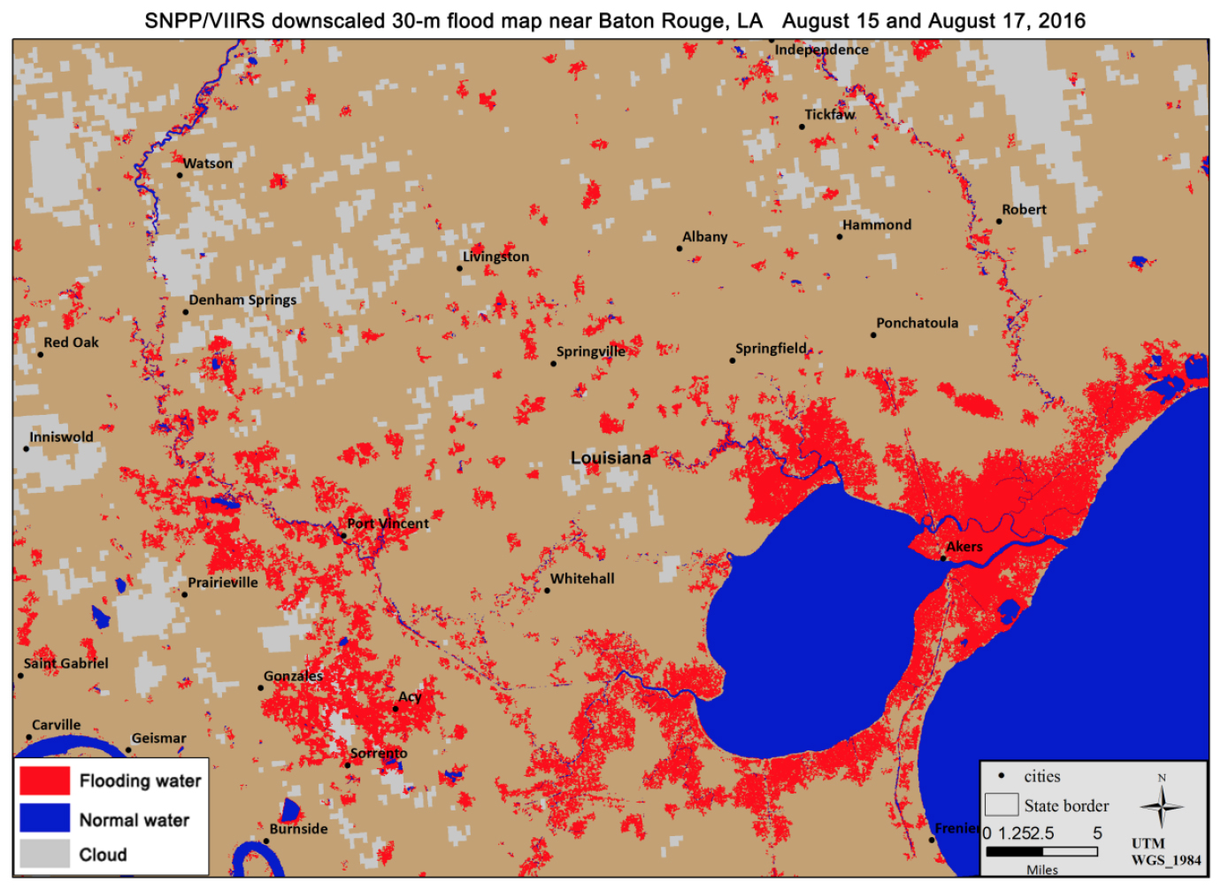 The flood map graphic shows an eastern portion of Louisiana surrounding Lake Maurepas, a large inland body of water. The land is rendered in tan, with the normal water levels in royal blue. Areas covered by cloud, spread throughout the image, are rendered in grey. Flood waters, rendered in red, surround the lake and spread into the western part of the image around the river that feeds Lake Maurepas.