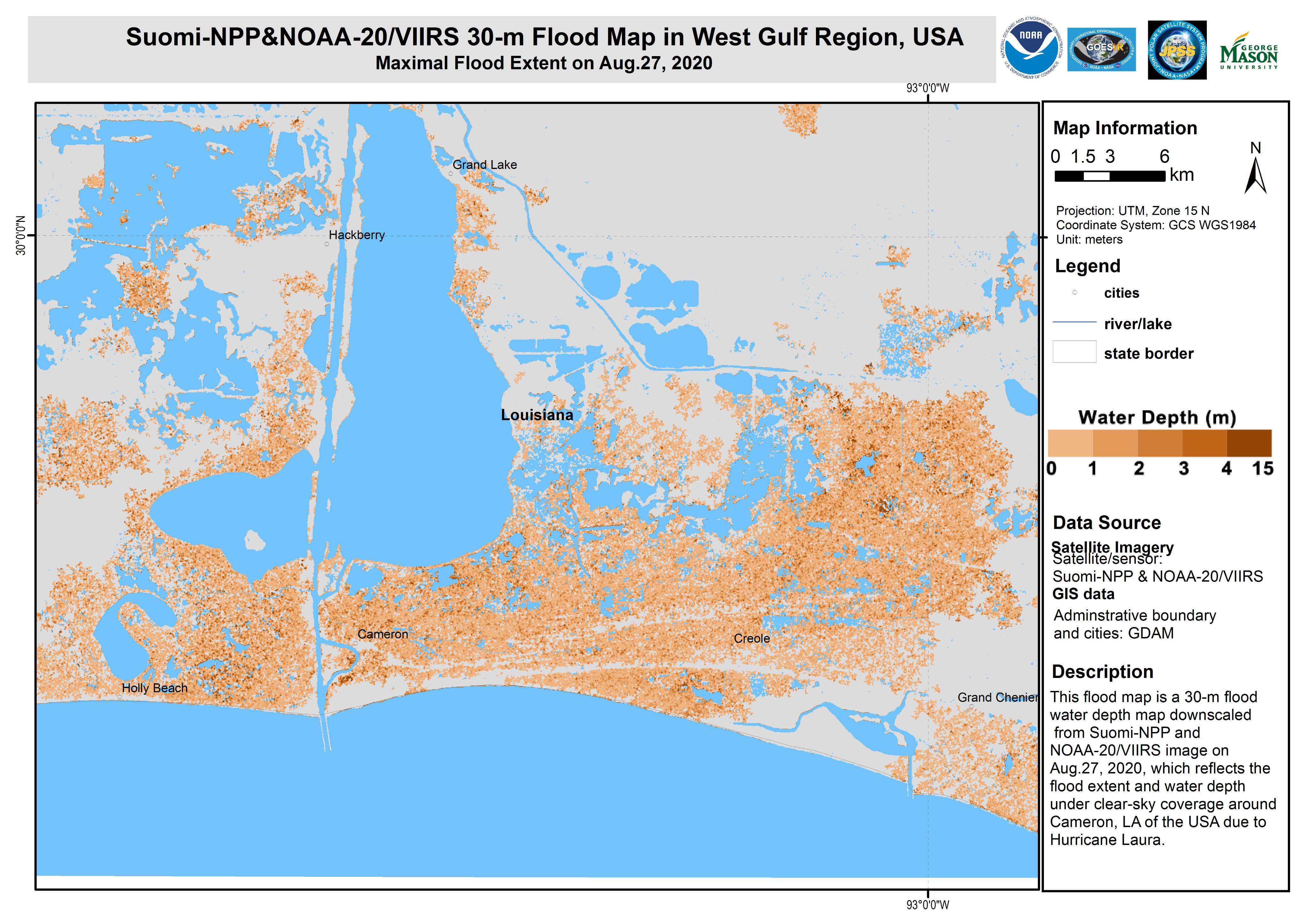 A map of the West Gulf Region of Louisiana. Water is shown in blue and dry land in grey. Floodwaters are shown in progressive shades of brown with dark brown as the deepest waters. Nearly all of the area on the border of the Gulf of Mexico is colored in mid to deep shades of brown.