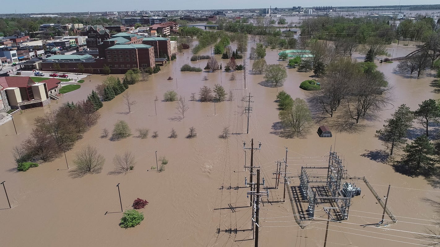 Downtown Midland, Michigan is flooded on May 20, 2020.