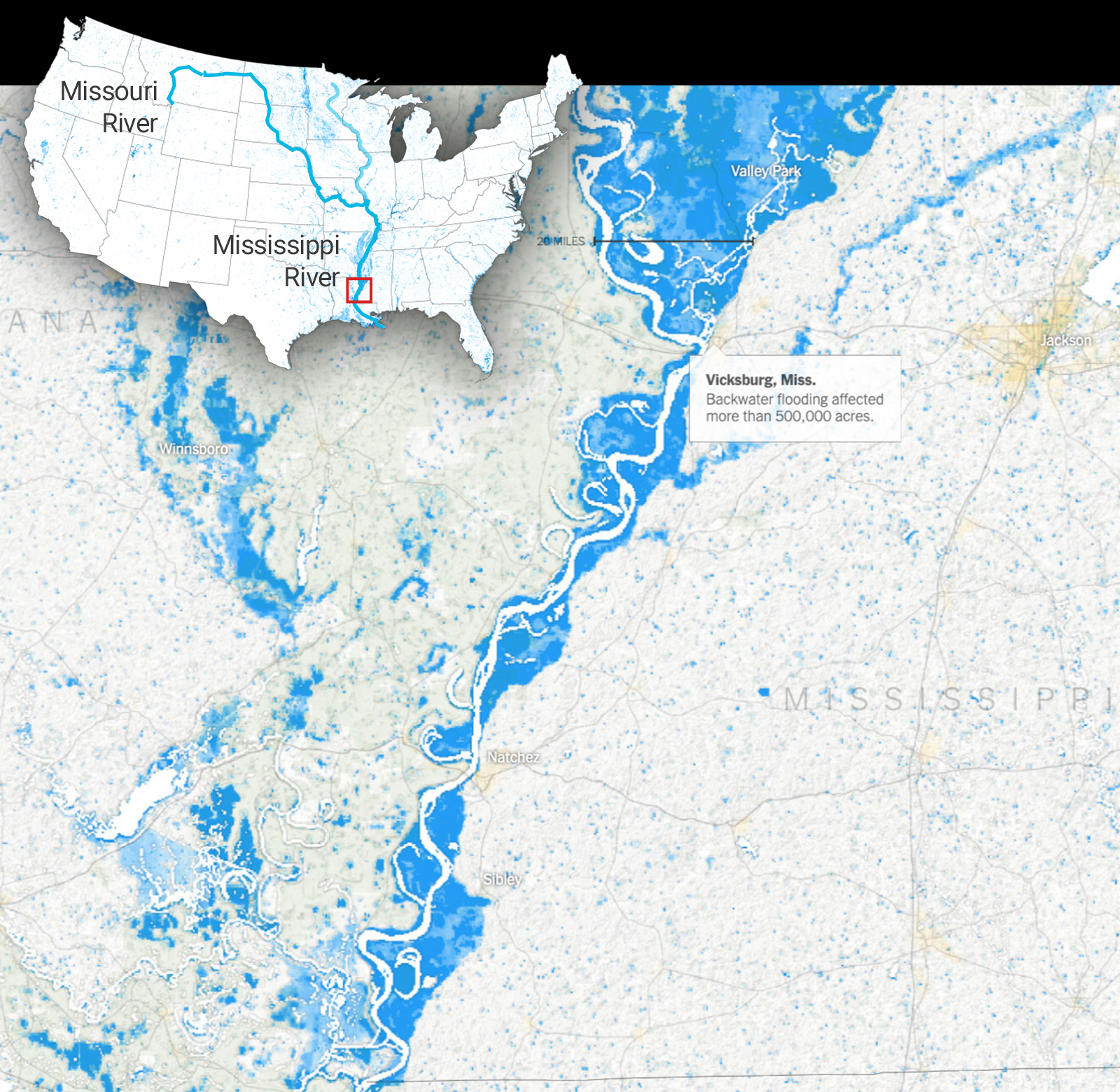 A graphic showing floodwaters in the MidWest in blue against a white background. In the upper left corner, a map of the U.S. shows which portion of the country is shown in the image. A small box indicates Vicksburg, Mississippi, and the damage done there.