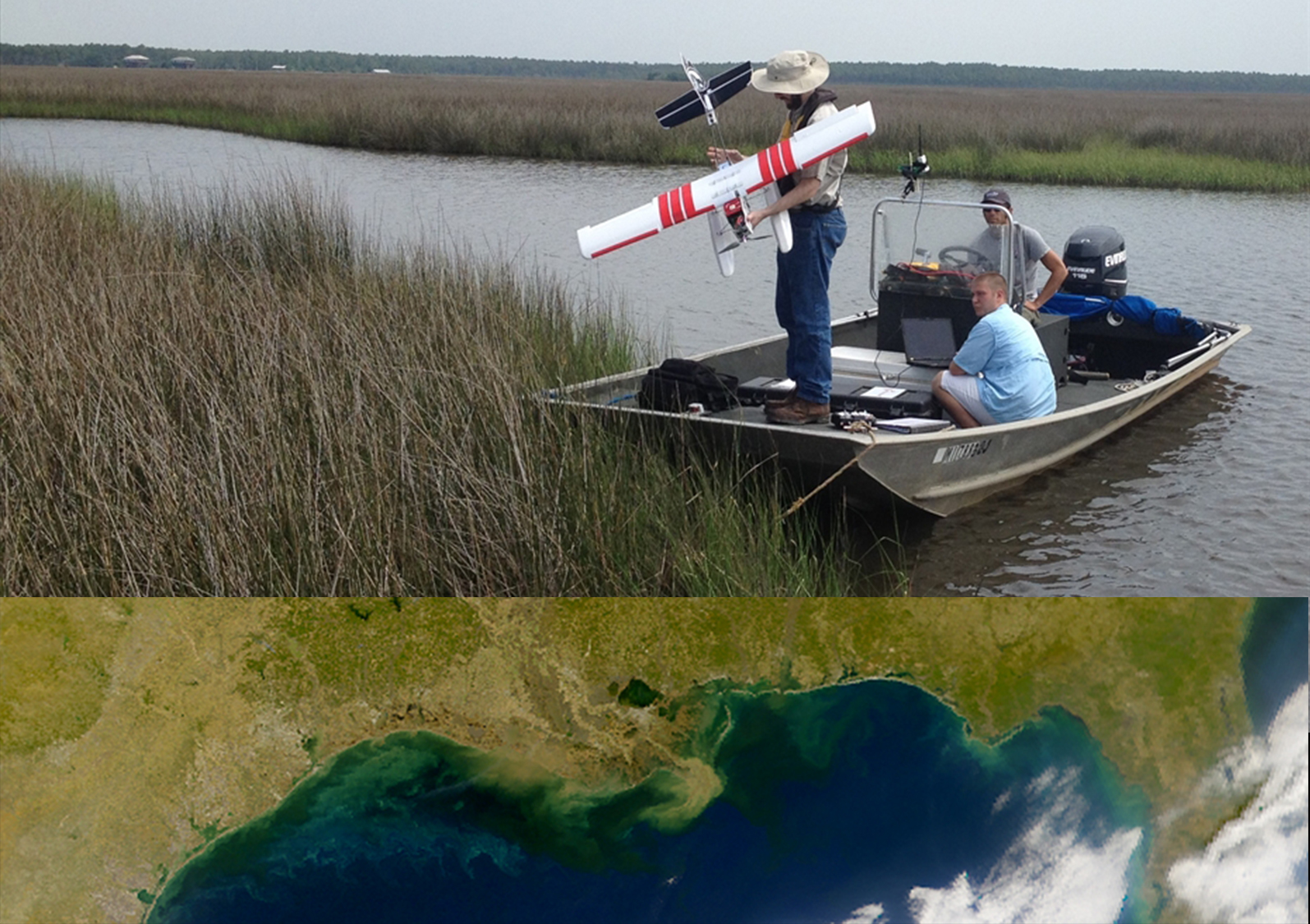A composite image; at the top, three students in a boat in wetlands prepare to launch a drone. At bottom, a true-color satellite image of the northern Gulf of Mexico.