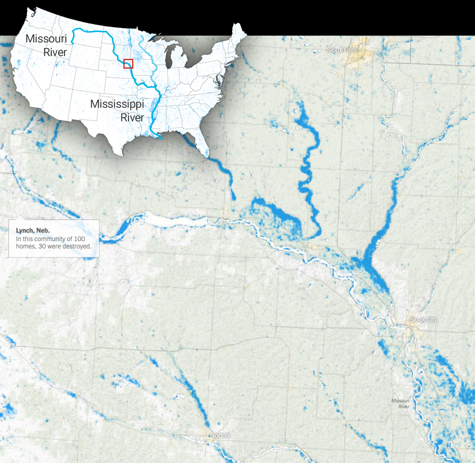 A graphic shows the extent of river flooding along the Missouri and Mississippi Rivers in 2019. The image focuses on a portion of Nebraska around the town of Lynch, showing flood waters in blue against a white backdrop. In the upper left corner, a U.S. map indicates which portion of the country the larger graphic focuses on.