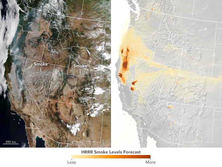 On the left is a natural-color image of the Western United States during the Mendocino Complex Fire on Aug. 6, 2018, using data from the VIIRS instrument on the Suomi-NPP satellite. On the right, the HRRR-Smoke model shows in orange vertically integrated smoke drifting north and west from several fire sites, in darker orange, in the middle of California.