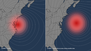 A side-by-side comparison graphic showing Hurricane Sandy's predicted landfall location with and without polar-orbiting satellite data. On the left is the prediction with polar-orbiting satellite data, showing the predicted landfall area in red in the Maryland/Delaware/New Jersey area. On the right, the predicted location without polar-orbiting satellite data is shown in red miles away from the coastline.