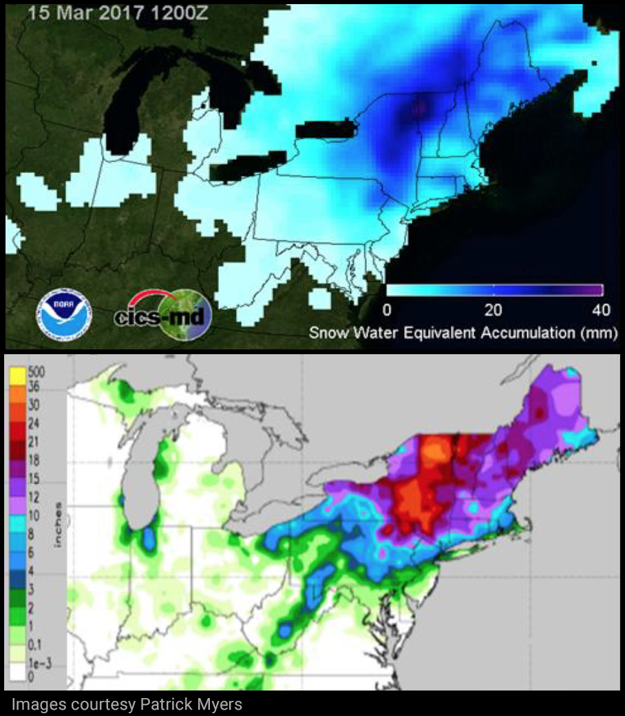 A composite image; at top, a true-color satellite view of the northeastern U.S., overlaid by shades of white to blue indicating levels of snow water equivalent accumulation over the northeastern U.S. The highest accumulation is over New York, Massachusetts and Maine. At bottom, a different false-color view of the same region shows snow accumulation in shades ranging from white (none) through the rainbow to orange (36 inches). The highest accumulation levels, between 24 to 36 inches, are in New York.