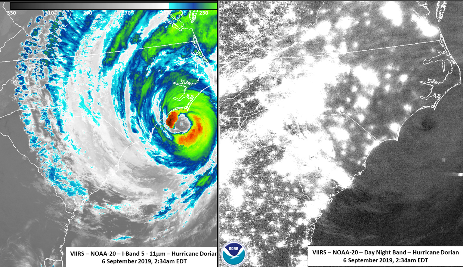 On the left, an infrared image shows the convection and circulation of Hurricane Dorian in red, yellow, green and blue. On the right, a grayscale image shows the clouds of Hurricane Dorian at night with parts of the eastern coast of the U.S. illuminated by nighttime lights.