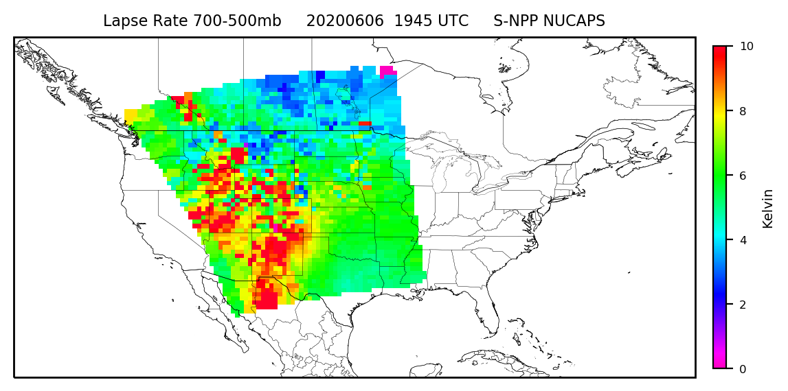 A line-drawing map of the US in black and white overlaid with satellite data over the MidWest showing atmospheric instability in shades of green, blue, yellow and red.