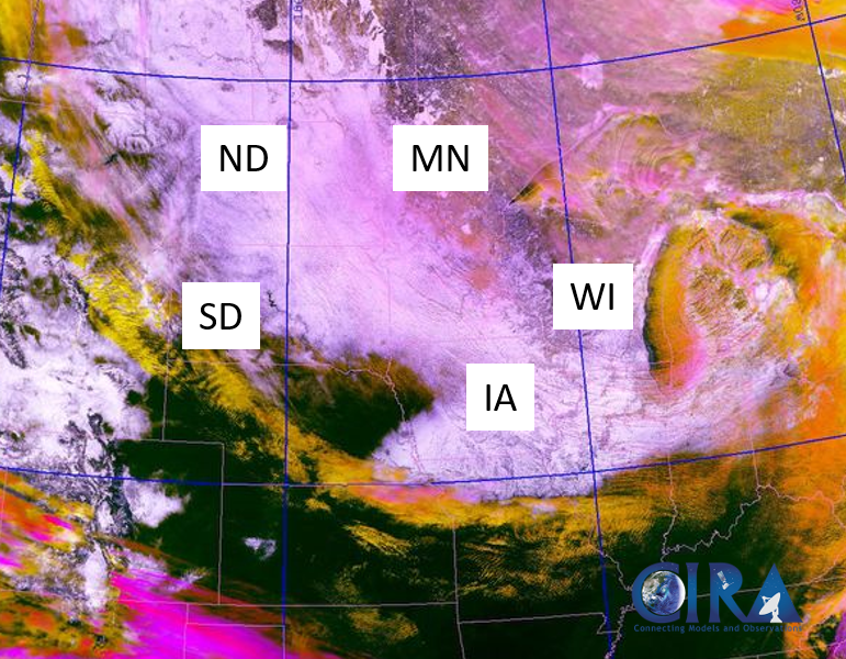 A false-color satellite image of the Midwest U.S. showing snow cover (white), bare ground (dark green), and low (yellow)— to mid (orange)—to high (pink) level clouds.  Most of the image is pink and orange, indicating cloud cover.