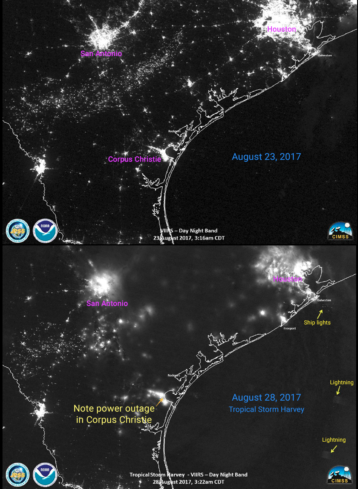 Black-and-white satellite images of the region of Texas around Houston, San Antonio and Corpus Christie. The top image shows light levels in the region prior to Hurricane Harvey. The bottom image shows light levels after the storm. Light levels have dimmed in all three cities, particularly Corpus Christie where there was a power outage.