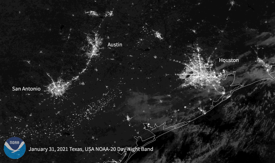 Black-and-white satellite images of the region of Texas around Houston, San Antonio and Austin. The animation switches between an image of the cities before the storm with normal light levels and an image of the cities during the power outage from the storm, when lights have dimmed considerably.
