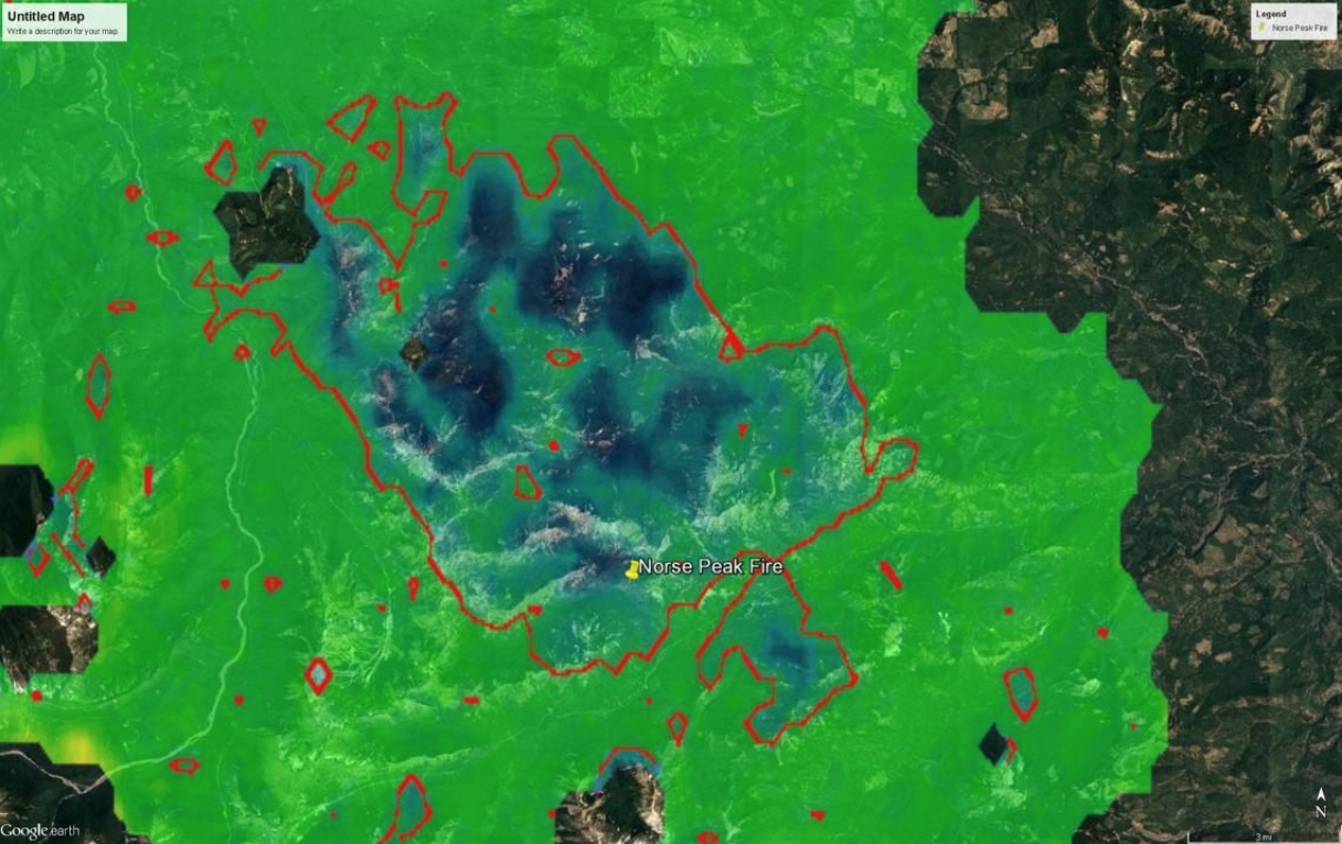 A false-color satellite image of central Washington showing the difference in vegetation before and after the Norse Peak Fire. Blue areas, concentrated in the middle of the image, indicate reductions in vegetation. Red lines, also concentrated toward the center of the image, outline areas of change.