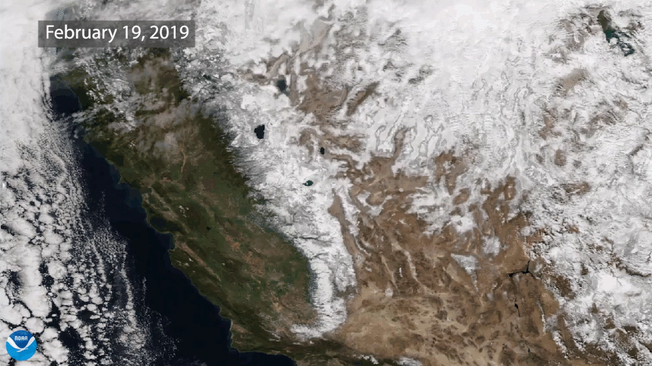 Satellite imagery shows snow cover over the Sierra Nevada mountains from Feb. 2018 and 2019. 