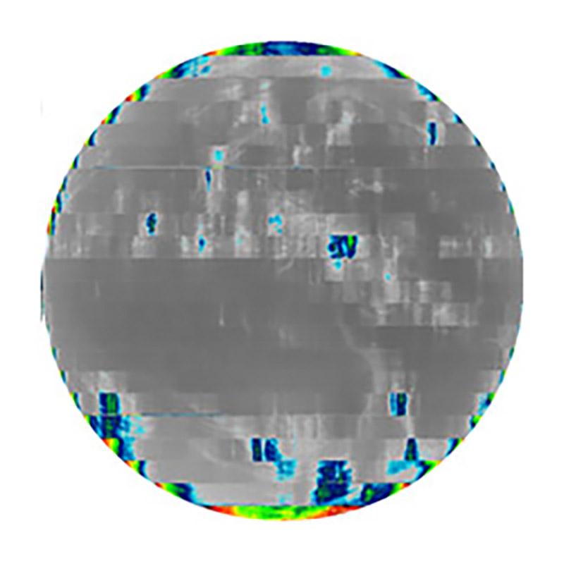 Full disk satellite image that shows gray areas where imagery is not displayed due to the loop heat pipe anomalydue to
