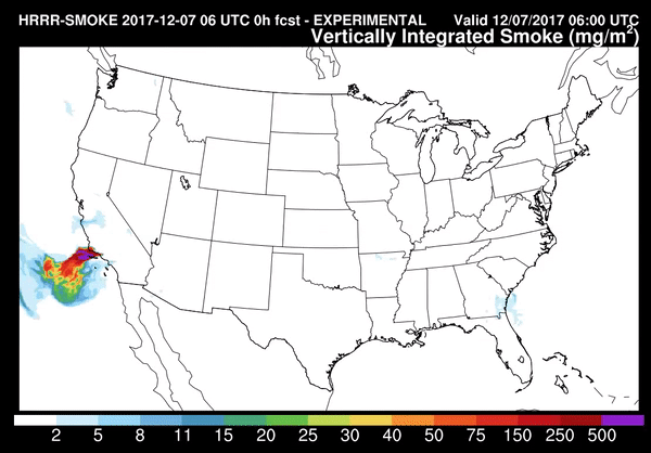 Aside from VIIRS, other instruments aboard Suomi NPP, such as the Advanced Technology Microwave Sounder (ATMS) and the Cross-track Infrared Sounder (CrIS) collect data that used (along with data from other sources) in a variety of weather models, such as the (experimental) High-Resolution Rapid Refresh model, which is used to forecast where smoke from wildfires is likely to travel and in what concentration (milligrams per meter squared). Suomi-NPP input to the HRRR-smoke model has proven to be an important