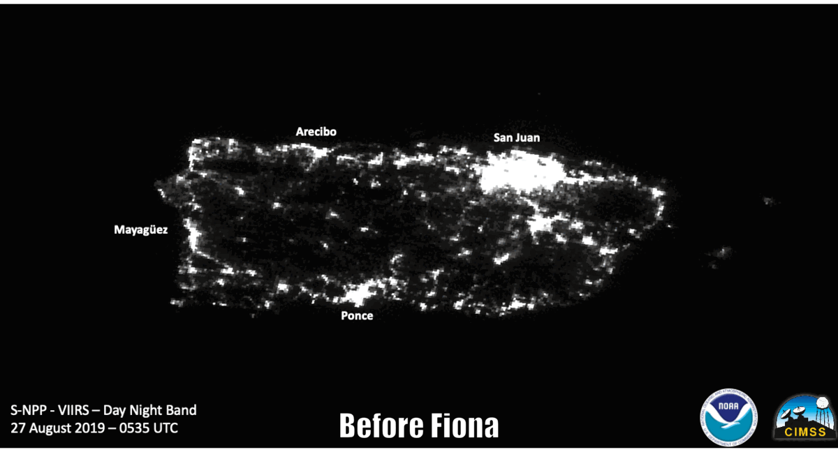 Image of Dominican Republic at night during hurricane Fiona