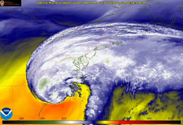 Image of hurricane water vapor on the east coast of the US