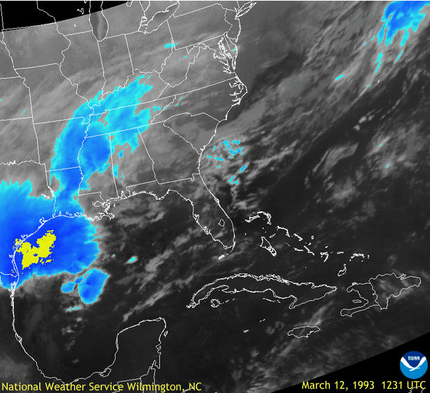 GOES-7 color-enhanced infrared satellite animation showing the development and movement of the deadly derecho across the Gulf of Mexico and eventually Florida and Cuba from March 12–14, 1993.