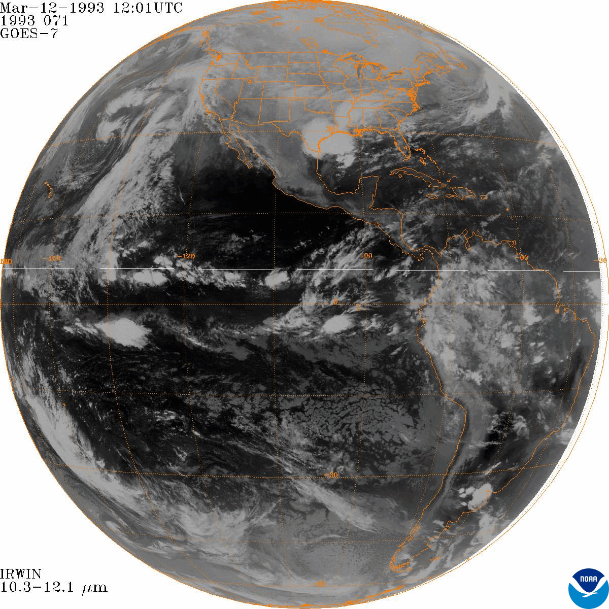 A full-disk GOES-7 infrared satellite animation of the Storm of the Century from March 12–14, 1993.