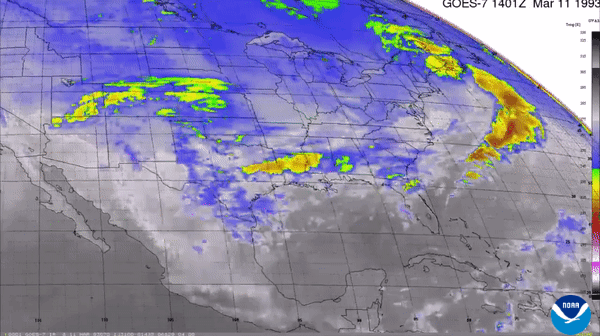 GOES-7 color-enhanced infrared satellite animation showing the development and progress of the Storm of the Century from March 11–14, 1993.