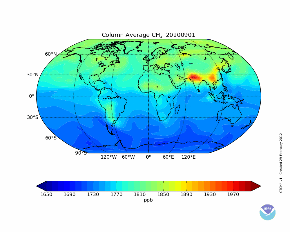 This animation shows the CarbonTracker-CH4 column average atmospheric methane concentration in parts per billion (ppb) for September-November 2010. Yellow, orange, and red colors show high atmospheric methane concentrations, and blue colors show low concentrations. This sequence shows relatively large emissions across South Asia and China, as indicated by orange and red colors. The high methane air masses are moved by weather systems to form the pattern shown in this animation.