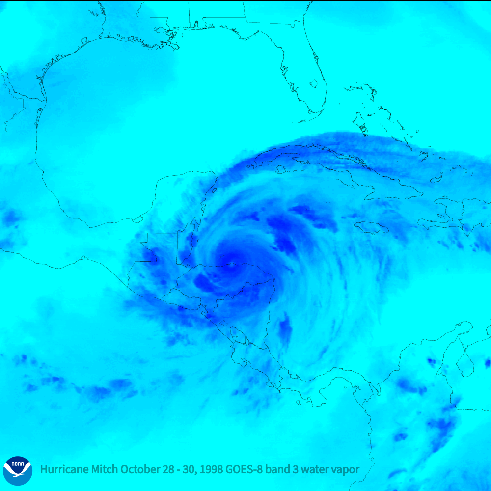 Water vapor imagery of Hurricane Mitch spinning near Central America from October 28-30, 1998, from NOAA’s GOES-8 satellite.
