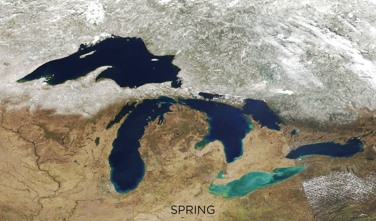 Animation of the satellite view of the changing seasons in the Great Lakes area.