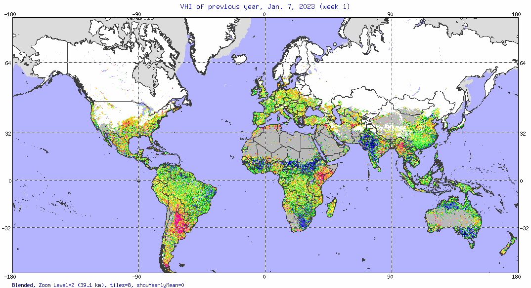 An animated global map shows the 7-day composite Vegetation Health Index (VHI) from January 7, 2023 to September 16, 2023, highlighting vegetation conditions with varying colors across continents.
