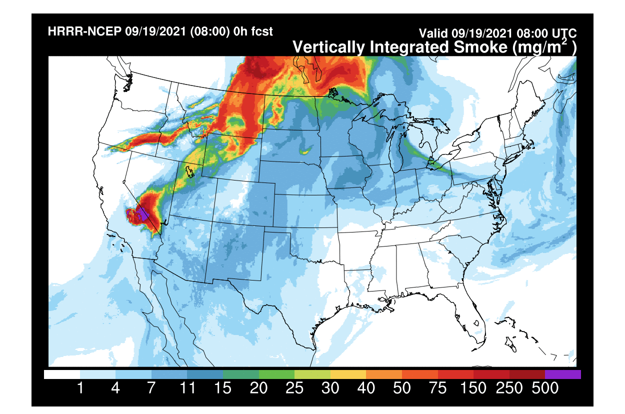 A color-coded map shows the HRRR-Smoke model 16-hour forecast of vertically integrated smoke concentrations across the U.S. on September 19, 2021.