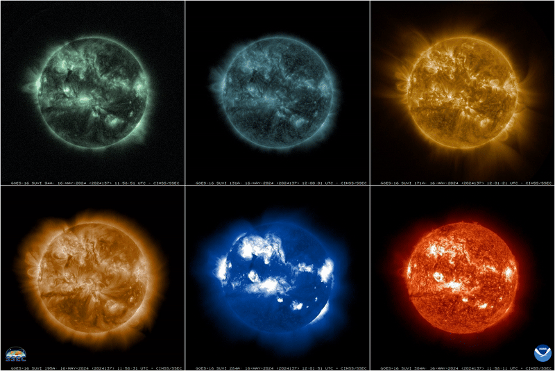 Six different views of solar storms as seen from GOES East’s Solar Ultraviolet Imager on May 29, 2024.