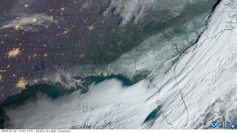 A GeoColor satellite view of the southeastern U.S. where sno blankets the region from eastern Texas up through the Mid-Atlantic.