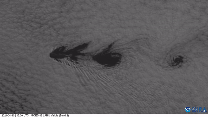 Visible imagery of mesmerizing von Kármán vortices over the Pacific Ocean from GOES West on April 30, 2024.