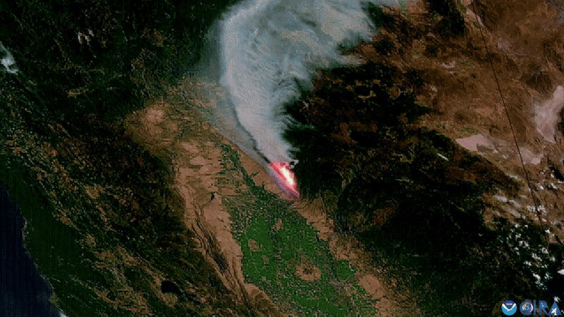 GeoColor/Fire Temperature composite imagery from GOES West of California’s Park Fire on July 25, 2024.