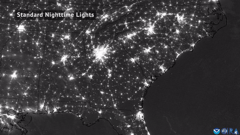 A Day-Night Band before-and-after imagery from NOAA’s JPSS satellites of the reduction in nighttime lights after Hurricane Helene in Aug./Sept. 2024.